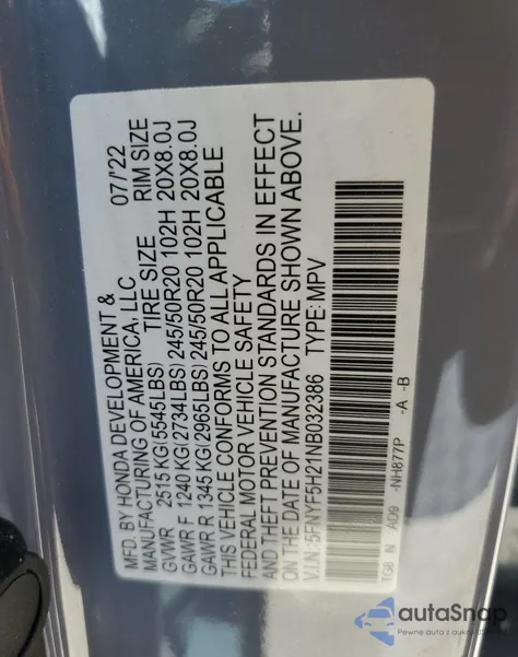 2022 Honda Pilot Se из США, поврежденный, VIN 5FNYF5H21NB032386